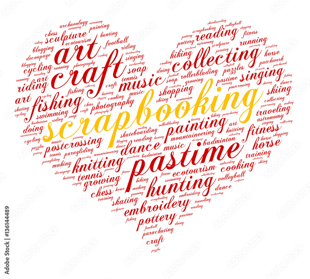 Scrapbooking. Word cloud, heart, italic font, white background. Hobby. Scrapbooking. Word cloud, heart, italic font, white background. Hobby.
