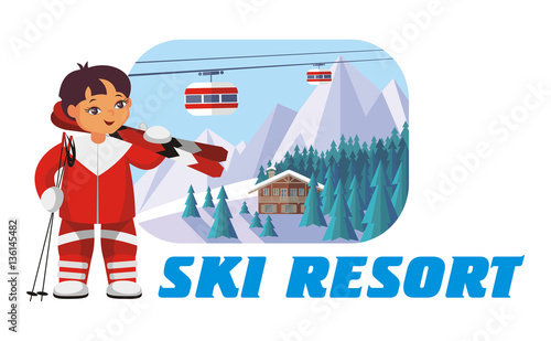 The  vector image of the skier in the background of a winter mountain landscape.
