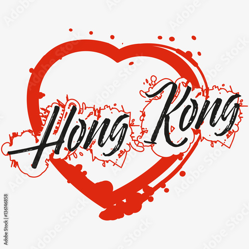 Print with lettering about Hong Kong and red paint splashes in shape of heart on grey background. Pattern for fabric textiles, clothing, shirts. Vector illustration photo