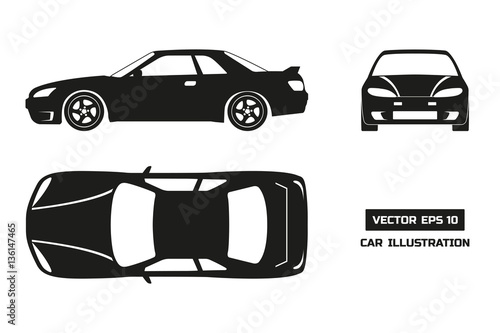 Black silhouette of the car on a white background. Top, front and side view