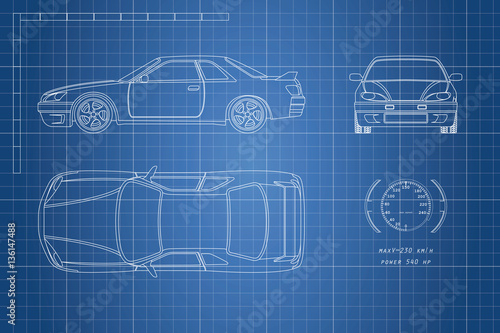 Drawing of the car on a blue background. Top, front and side view. The blueprint of  vehicle