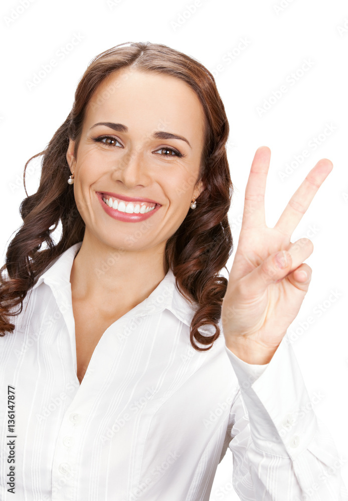 businesswoman showing two fingers, isolated businesswoman showing two fingers, isolated