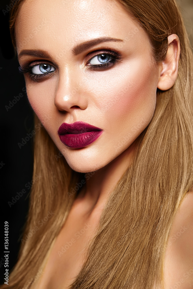 sensual glamour portrait of beautiful woman model with fresh daily makeup with dark pink lips color and clean healthy skin face sensual glamour portrait of beautiful woman model with fresh daily makeup with dark pink lips color and clean healthy skin face