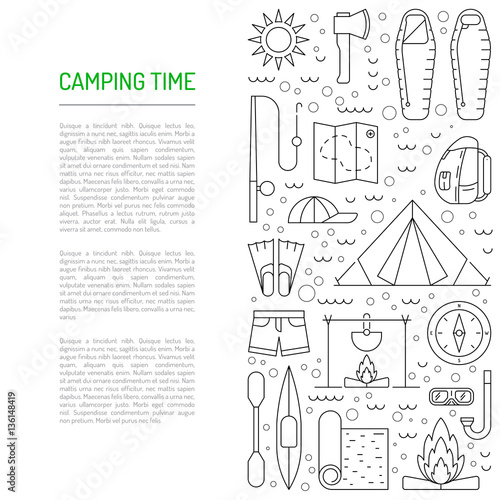 Vector linear icons on the topic of camping and Hiking in the wild, forest, lake, mountains, painted in a linear style.