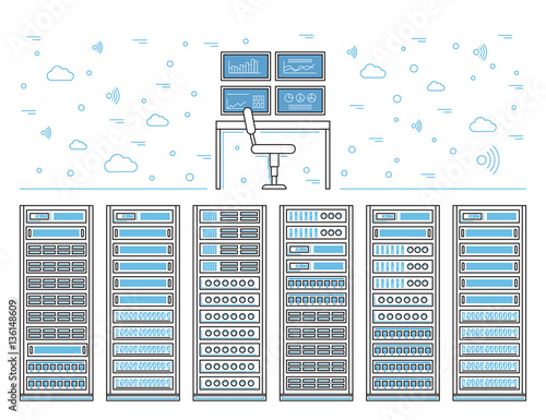 Vector high tech internet data center. Network equipment that is used to organize the server room