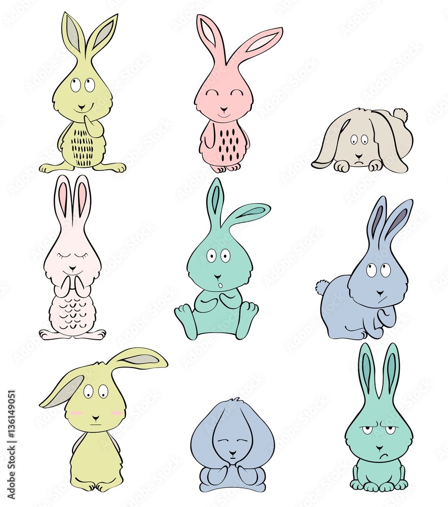 Set of cartoon rabbits with various emotions.