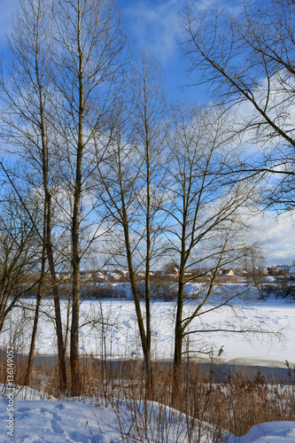 beautiful winter landscape: trees, snow, Frozen River and blue sky, suburb 