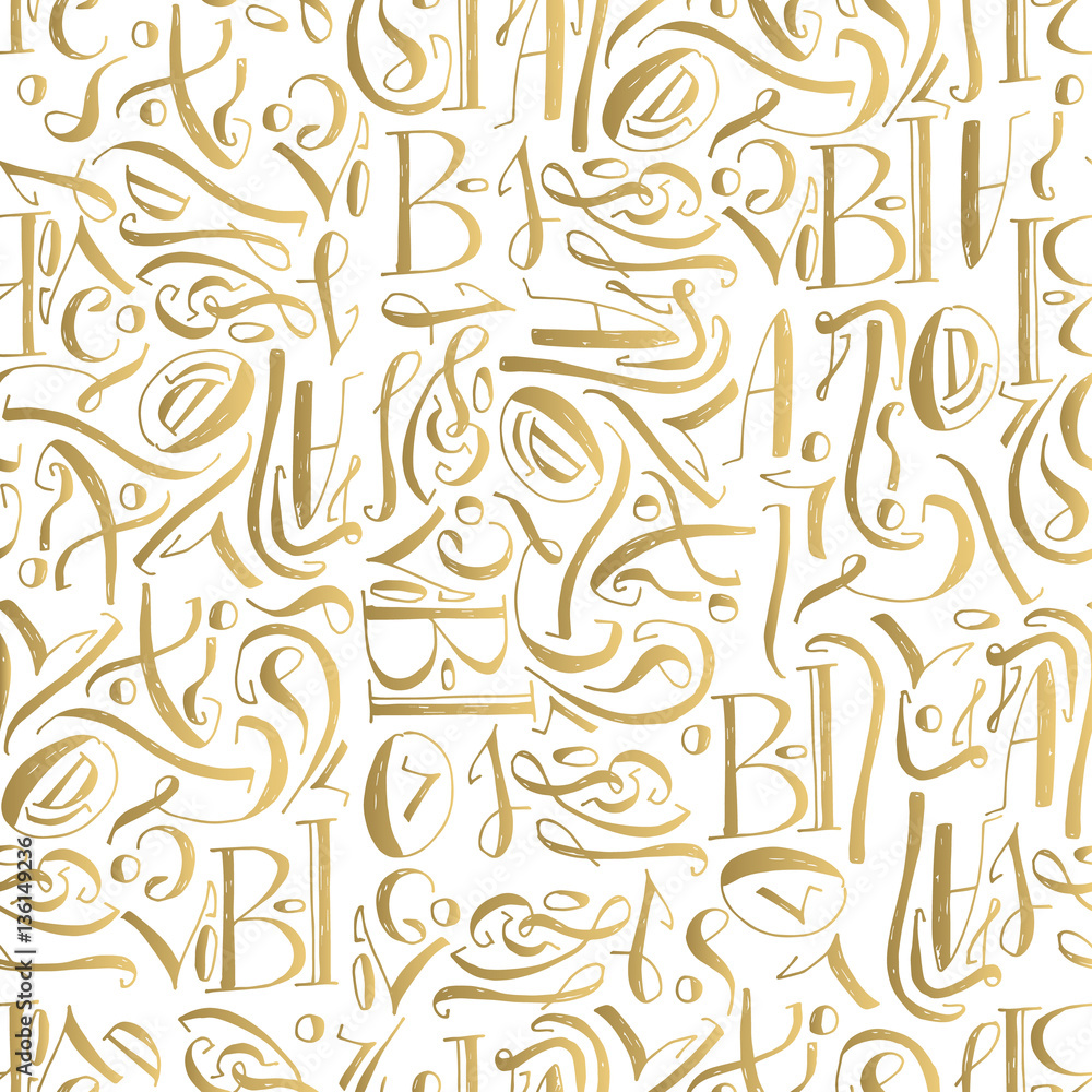 Calligraphic pattern. Golden vector background. Calligraphy ornament. Ink texture.