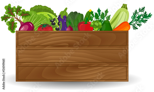Fresh vegetables in a box illustration. Healthy vegetables and vegetarian food banners. Fresh organic food, healthy eating