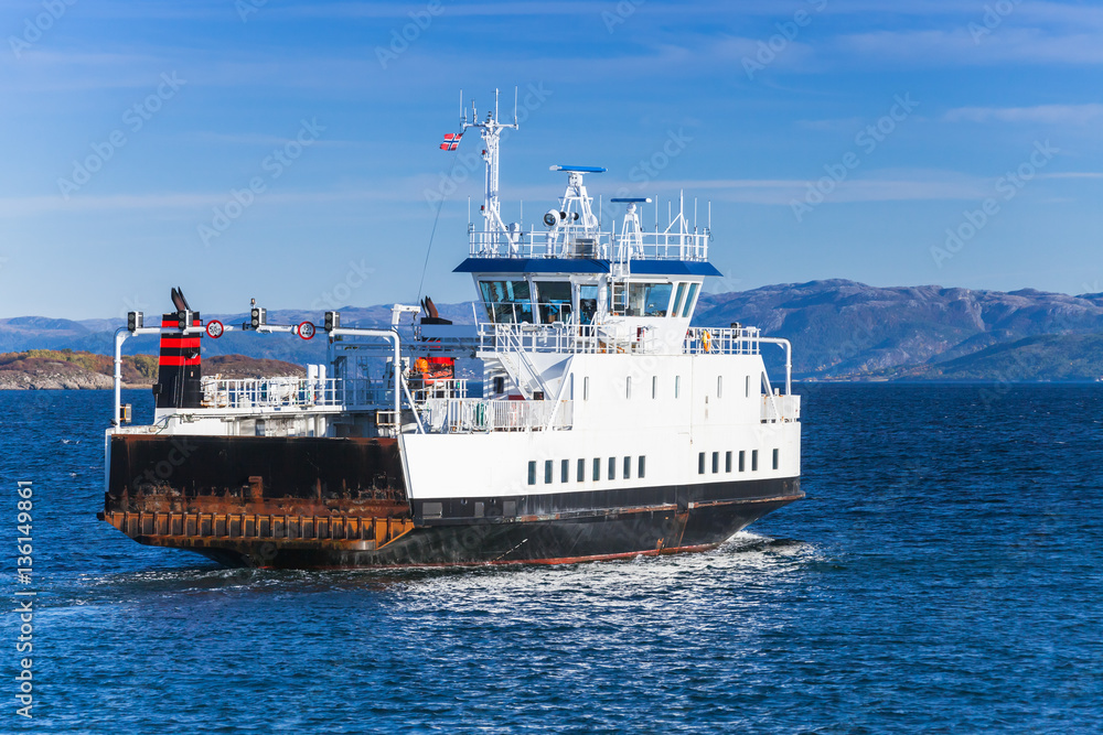 Fototapeta premium Ro-Ro ferry ship goes on sea, rear view