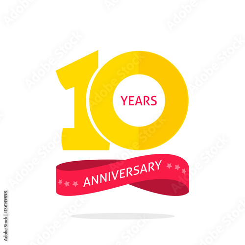 10 years anniversary logo template with a shadow on circle and number, 10th anniversary icon label, ten year birthday party symbol isolated on white background