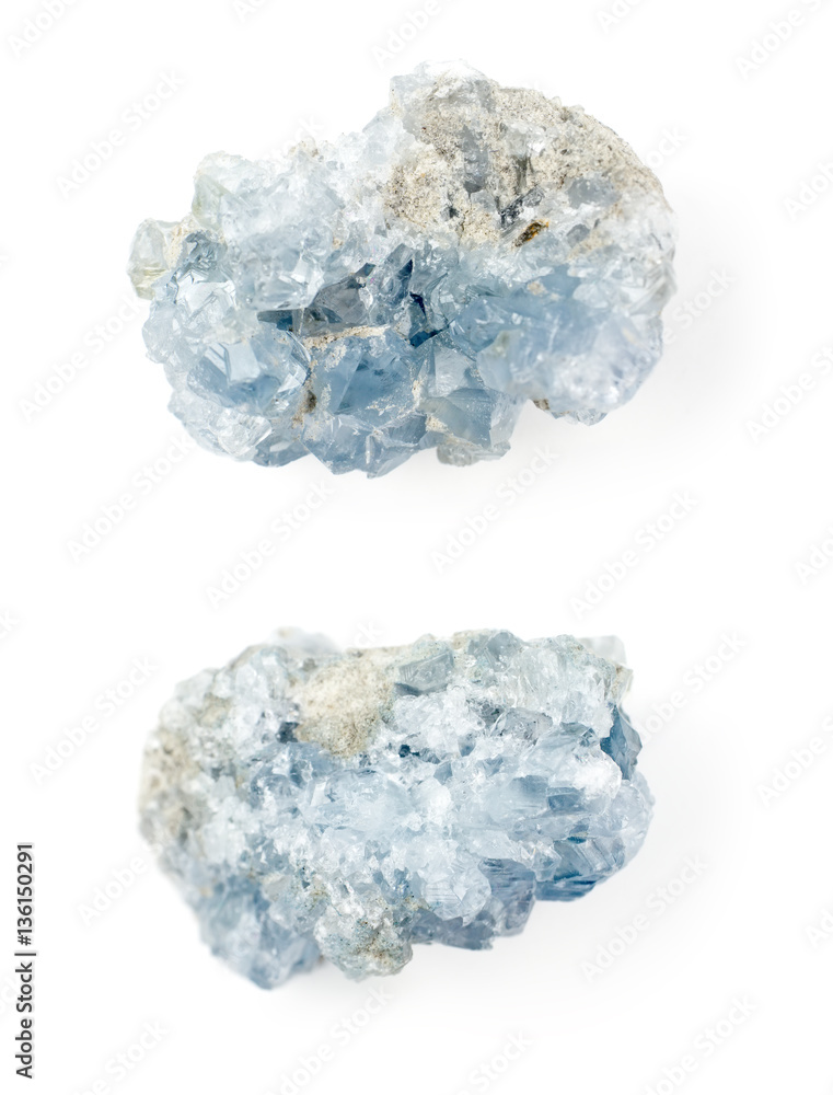 Celestine blue crystals on white background.