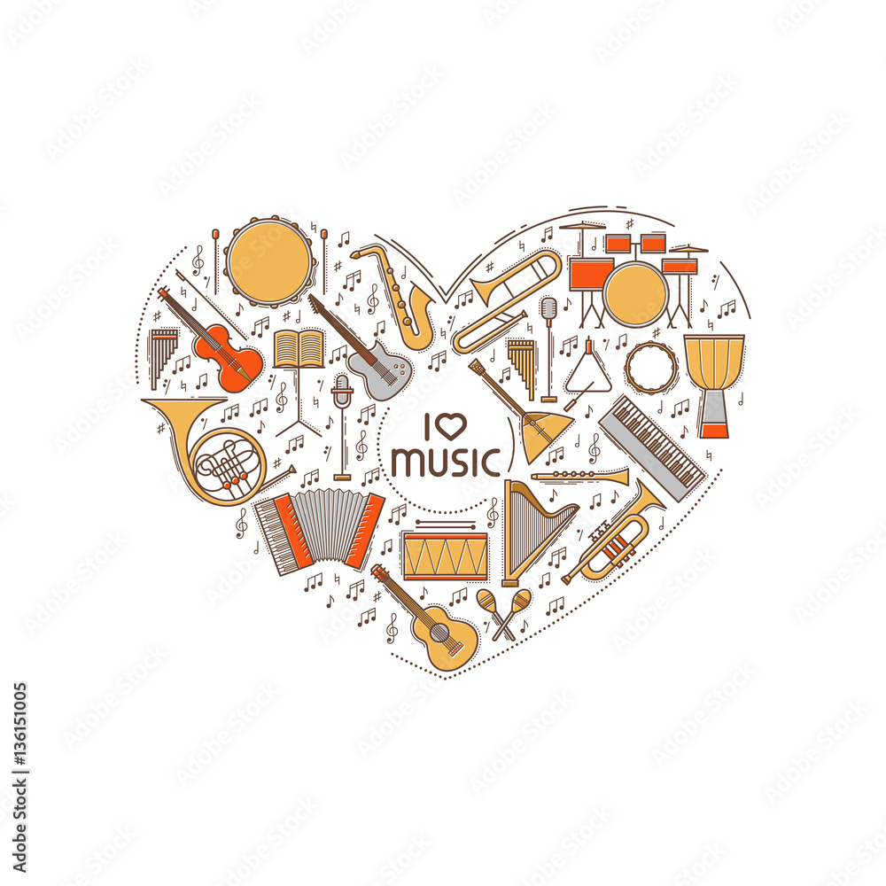 Vector concept with colorful music instruments icon set in heart shape. Thin line illustration. Sound silhouette isolated. Pictogram sign. Guitar harp violin bass drum piano saxophone note elements.