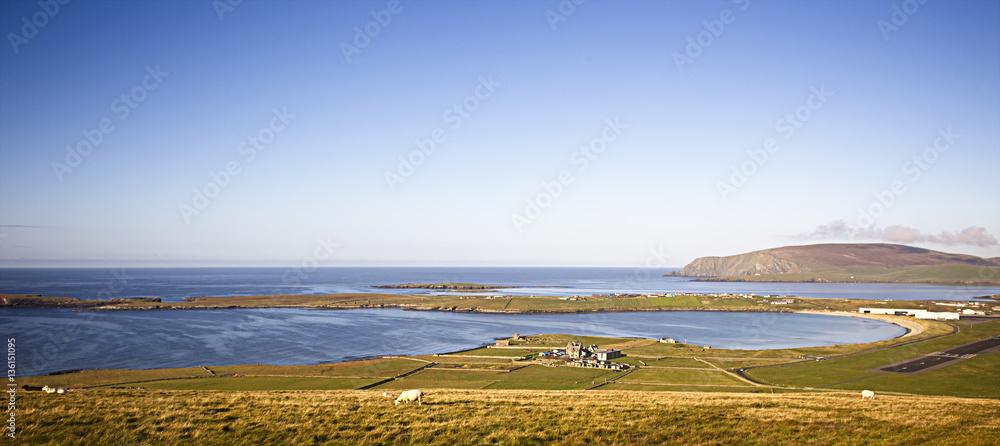 An evening view across the Sumburgh Hotel, Scatness and Fitful Head, Mainland, Shetland, Scotland, UK.