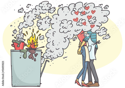 Cartoon illustration of couple hugging and kissing in kitchen while stove is burning