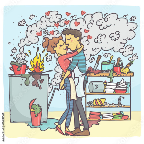 Funny vector cartoon of man and woman kissing in messy, burned and smoky kitchen