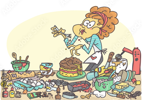 Shocked woman puking due to tasting a bad cake, funny vector illustration