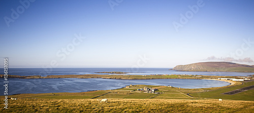An evening view across the Sumburgh Hotel, Scatness and Fitful Head, Mainland, Shetland, Scotland, UK.
