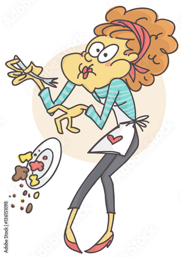Disgusted woman tasting bad food, isolated funny vector illustration on white background.