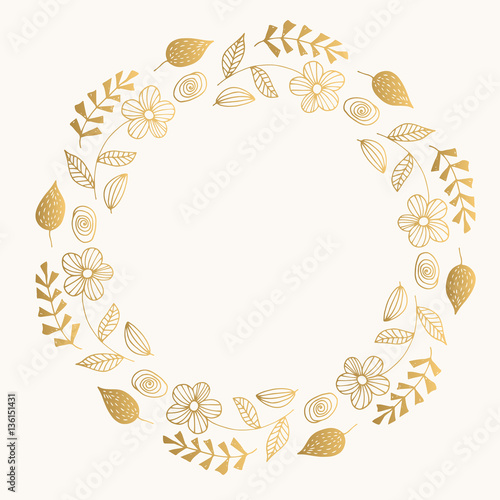 Golden fancy round frame. Freehand holiday wreath with flowers and leaves. Gold vector illustration. Isolated