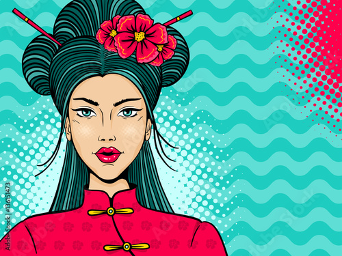 Pop art face. Young sexy asian woman with open mouth, chopsticks and flowers on her head on waves and halftone background. Vector illustration in retro comic style.  Party invitation poster.