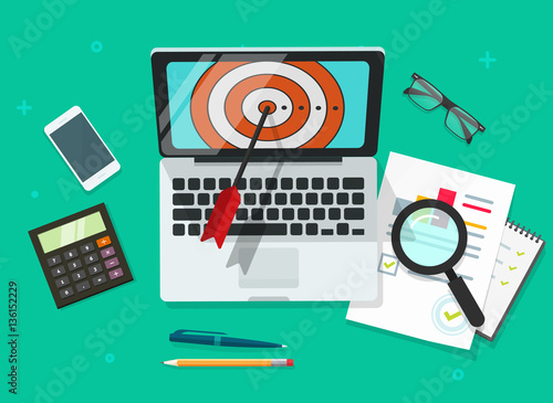 Successful Business target achievement vector illustration, laptop with aim and analysing financial data, targeting research concept, success goals report