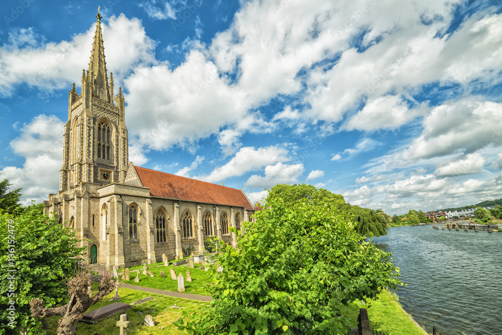 Summer landscape with All Saints Church and Thames river in Marlow city