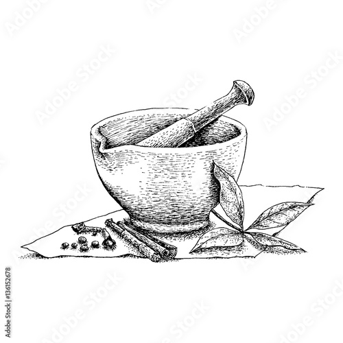 Mortar and Pestle vintage line drawing