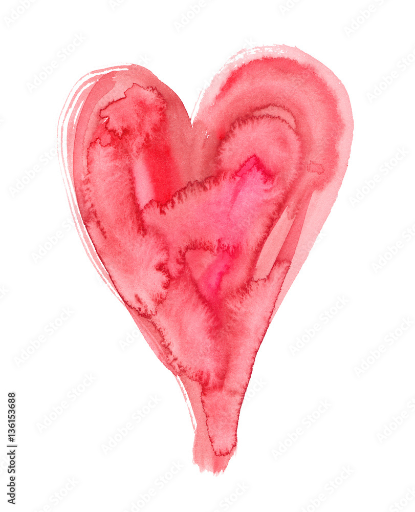 Single big elongated heart painted in pink and red watercolor on clean white background Single big elongated heart painted in pink and red watercolor on clean white background