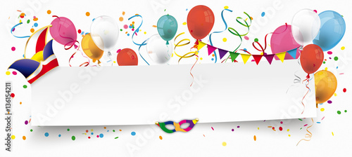 Fasching Header mit Luftballons, Konfetti und Luftschlangen