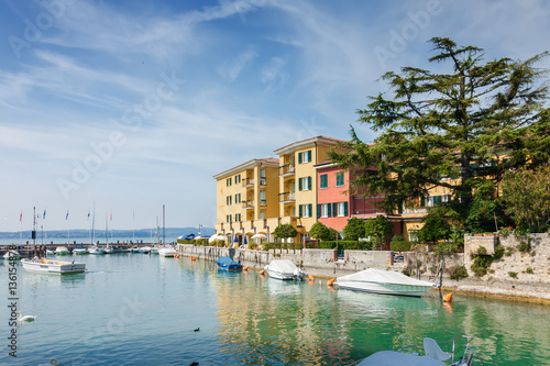 Sunny view of town Sirmione at Garda lake, Lombardia region, Italy.