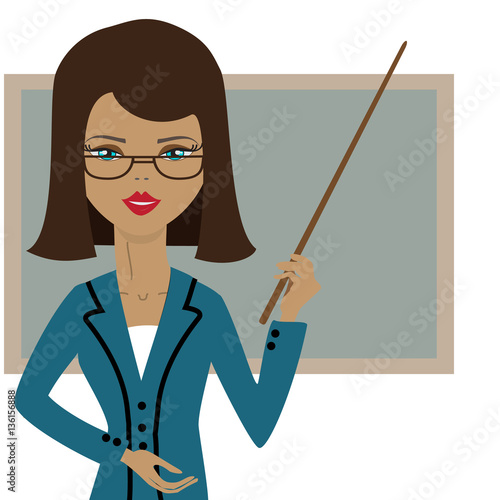 teacher with a pointer in glasses on white background near a sch