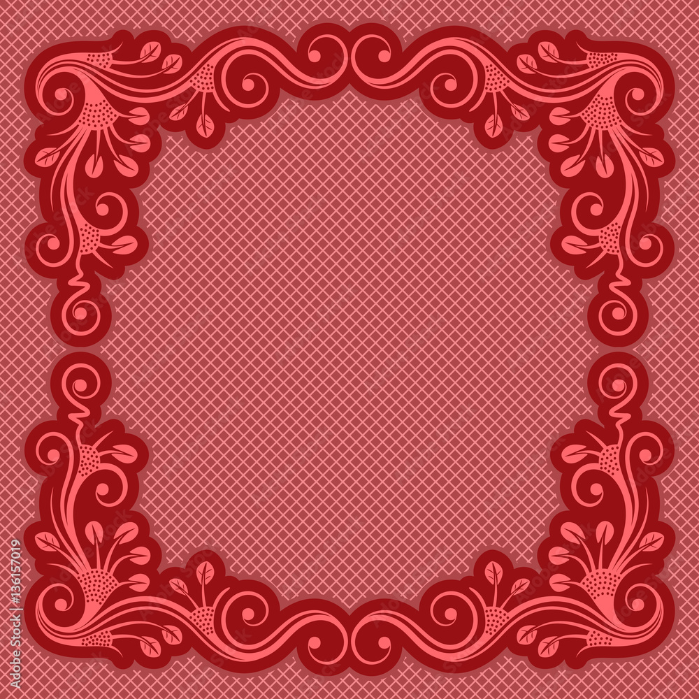 Red vintage frame with floral ornament. Vector illustration.
