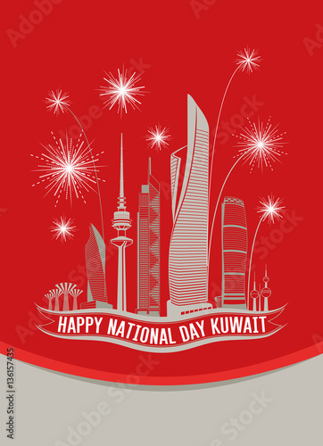 Happy National Day Kuwait Towers Skyline Red Poster