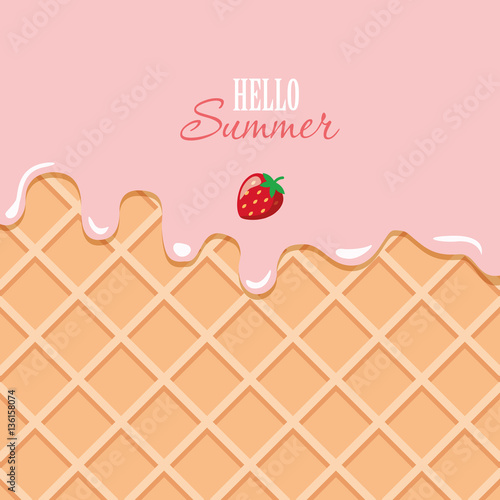 Ice cream macro texture. Melted pink cream on wafer background. Hello summer quote.