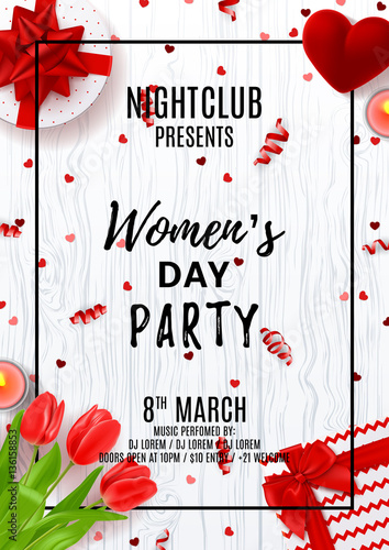 Party poster for Women's Day. Top view on composition with red tulips, gift boxes, case for ring, candles and confetti. Vector illustration with serpentine on wooden texture. Invitation to nightclub.