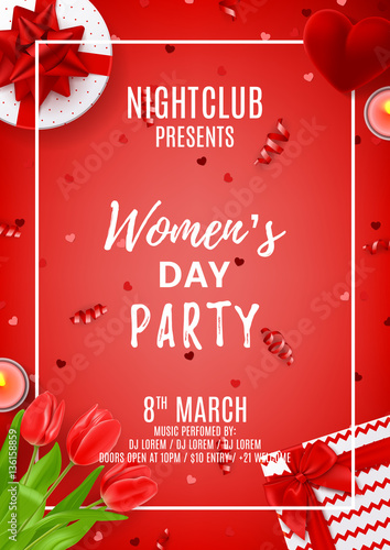 Red party poster for Women's Day. Top view on composition with red tulips, gift boxes, case for ring, candles and confetti. Vector illustration with serpentine. Invitation to nightclub.