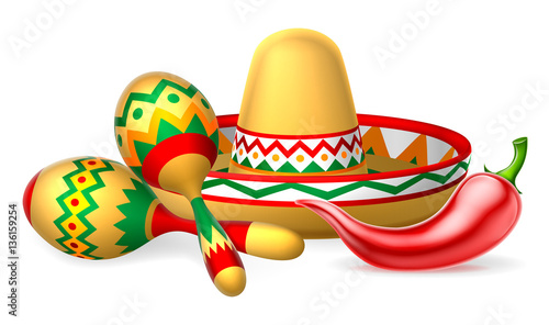 Mexican Sombrero Maracas and Chilli Pepper
