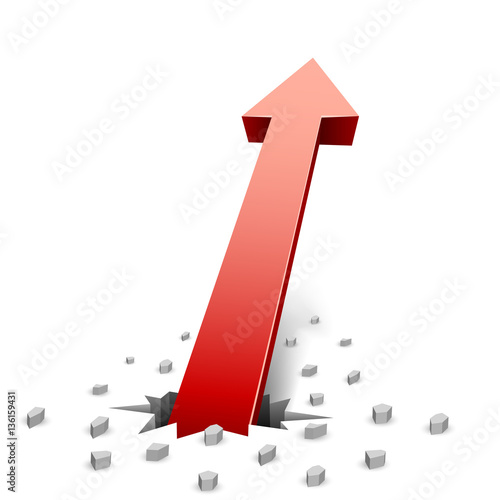 Red arrow breaking through a white ground background.