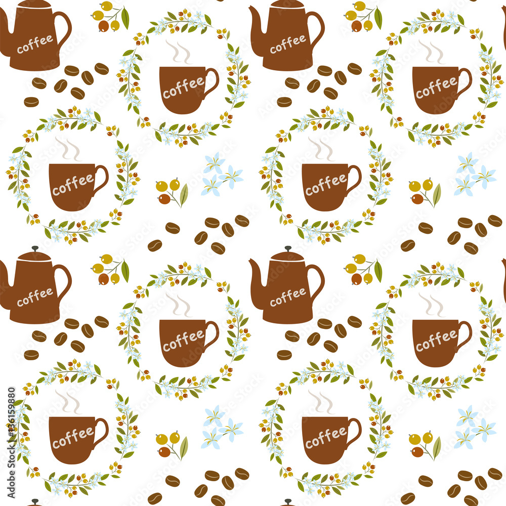 Seamless pattern with a cup of coffee, a wreath of branches coffee tree, coffee pot, seeds, berries and flowers. Seamless pattern with a cup of coffee, a wreath of branches coffee tree, coffee pot, seeds, berries and flowers.