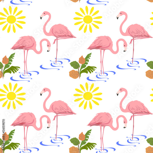 Seamless pattern with a pair of flamingos in the water, tropical plants and the sun.