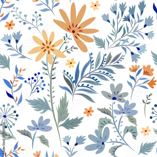 Seamless pattern with abstract elements of meadow flowers on a white background.