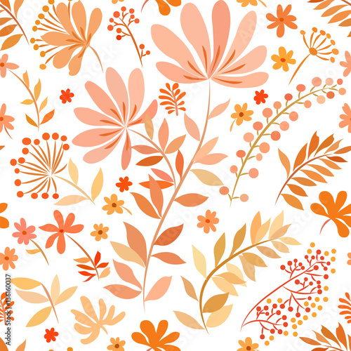 Wallpaper Mural Seamless pattern with abstract elements of meadow plants in bright orange and red colors on a white background. Torontodigital.ca