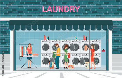 Building exterior front view and interior of laundry room with r