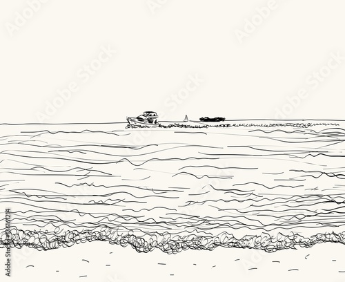Vector summer seascape sketch. Seaside view and beach