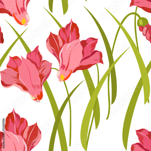 Seamless pattern with exotic flower cyclamen, bud and leaves on a white background.