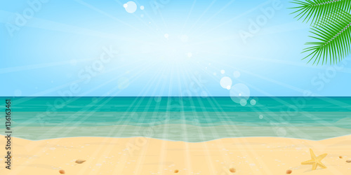 Beach, sea, sand, water, sun. Landscape, background. Vector
