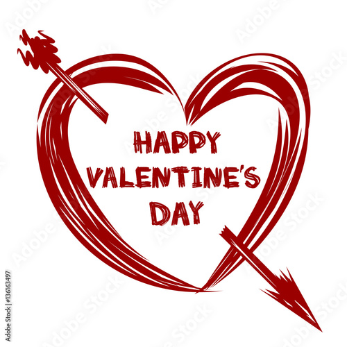 Red heart and inscription in grunge style - Happy Valentine's Day. Heart pierced by an arrow. Vector illustration