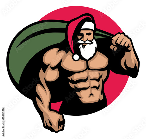 Muscular Santa claus bring a bag full of christmas gift