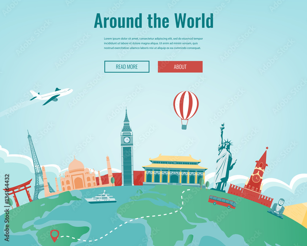 Travel composition with famous world landmarks. Travel and Tourism. Concept website template. Vector.